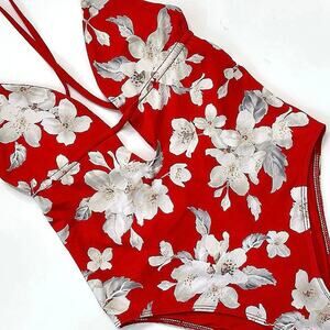 Frankies Bikinis Janelle One-Piece Swimsuit Red Floral Azalea Cheeky Cut Size M